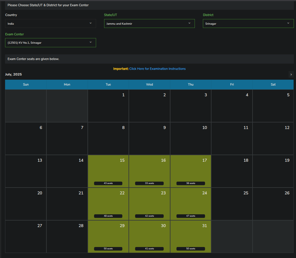 ODE Exam Center Seat Availability Screenshot